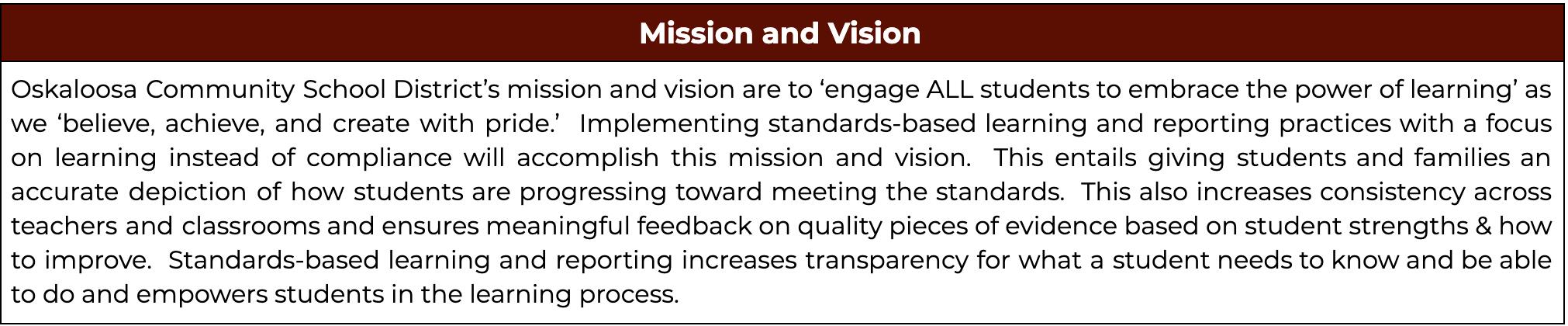 District Mission and Vision Connects to Standards-Based Learning and Reporting