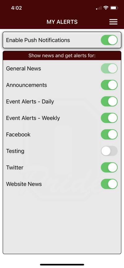Mobile App My Alerts Settings screenshot